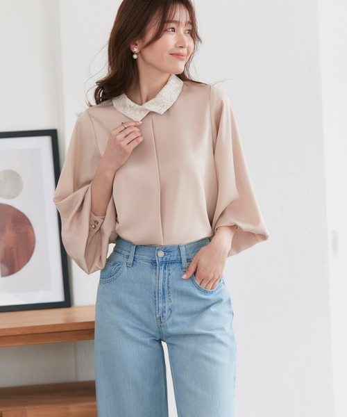 RUIRUE BOUTIQUE(ルイルエブティック)の「洗える | 配色 レース カラー ブラウス | トップス・シャツ・オケージョンブラウス・長袖ブラウス・きれいめブラウス・オフィスカジュアルブラウス(シャツ/ブラウス・レディース・ライトグレー/オフホワイト/ブルー/ベージュ・L/M)」の18枚目の写真
