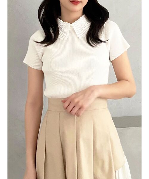 MERCURYDUO(マーキュリーデュオ)の「レース襟ハーフスリーブニット(ニット/セーター・レディース・ブラック/オフホワイト/イエロー・FREE)」の1枚目の写真