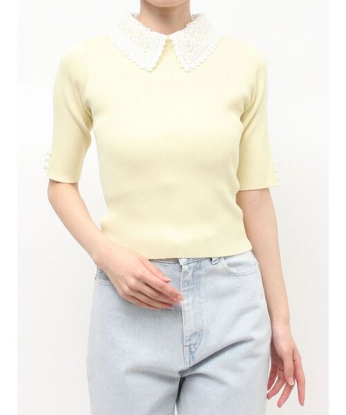 MERCURYDUO(マーキュリーデュオ)の「レース襟ハーフスリーブニット(ニット/セーター・レディース・ブラック/オフホワイト/イエロー・FREE)」の3枚目の写真