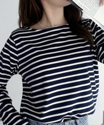 ボーダーロンT 長袖 ボートネック カットソー Tシャツ トップス 定番 フレンチカジュアル コットンライク ゆったり スタンダード 秋冬