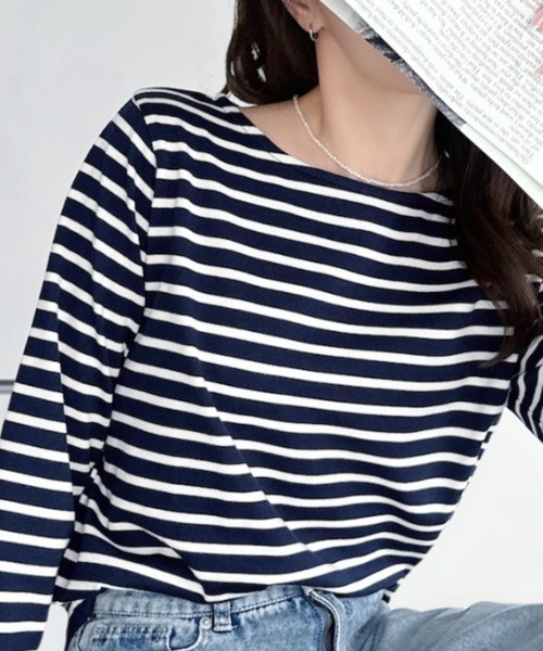 umune(ウムネ)の「ボーダーロンT 長袖 ボートネック カットソー Tシャツ トップス 定番 フレンチカジュアル コットンライク ゆったり スタンダード 秋冬(Tシャツ/カットソー・レディース・ホワイト×ブラック/ホワイト×ブルー/ホワイト×ネイビー・FREE)」の5枚目の写真