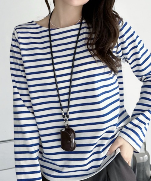 umune(ウムネ)の「ボーダーロンT 長袖 ボートネック カットソー Tシャツ トップス 定番 フレンチカジュアル コットンライク ゆったり スタンダード 秋冬(Tシャツ/カットソー・レディース・ホワイト×ブラック/ホワイト×ブルー/ホワイト×ネイビー・FREE)」の8枚目の写真