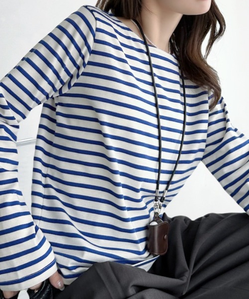 umune(ウムネ)の「ボーダーロンT 長袖 ボートネック カットソー Tシャツ トップス 定番 フレンチカジュアル コットンライク ゆったり スタンダード 秋冬(Tシャツ/カットソー・レディース・ホワイト×ブラック/ホワイト×ブルー/ホワイト×ネイビー・FREE)」の13枚目の写真