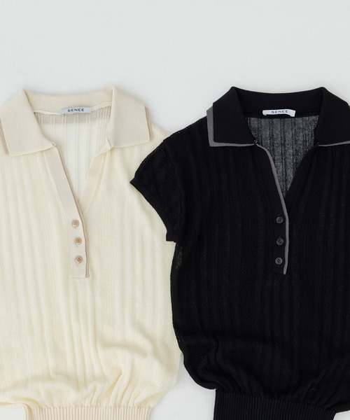 SENEE(セニー)の「double collar sheer polo knit(ダブルカラーシアーポロニット)(ニット/セーター・レディース・ブラック/アイボリー・FREE)」の19枚目の写真