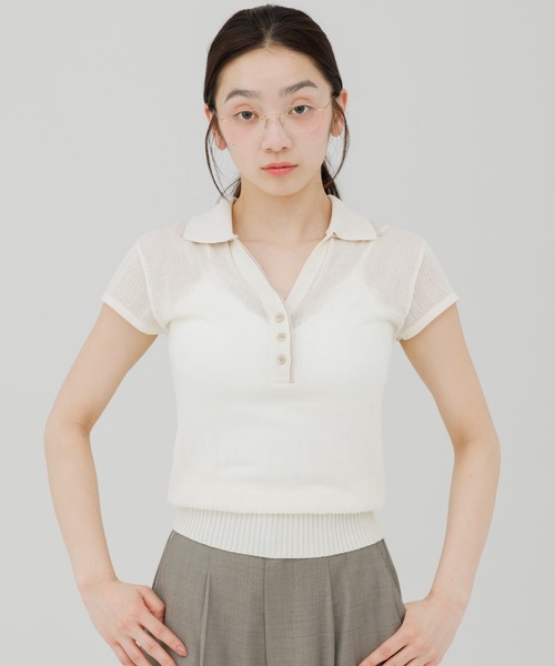 SENEE(セニー)の「double collar sheer polo knit(ダブルカラーシアーポロニット)(ニット/セーター・レディース・ブラック/アイボリー・FREE)」の7枚目の写真