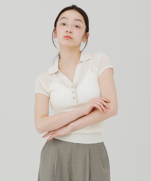 SENEE(セニー)の「double collar sheer polo knit(ダブルカラーシアーポロニット)(ニット/セーター・レディース・ブラック/アイボリー・FREE)」の8枚目の写真