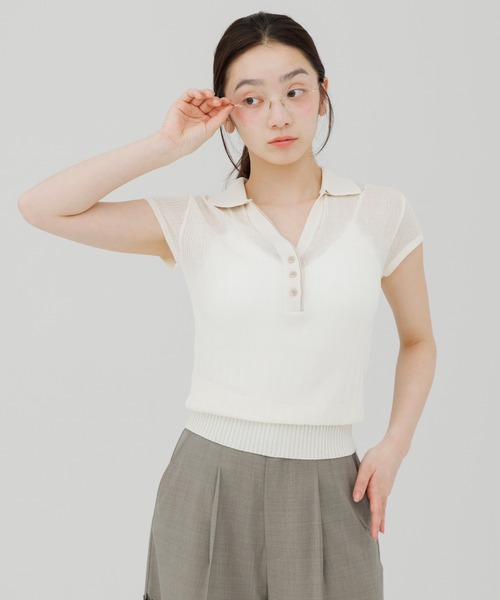 SENEE(セニー)の「double collar sheer polo knit(ダブルカラーシアーポロニット)(ニット/セーター・レディース・ブラック/アイボリー・FREE)」の9枚目の写真