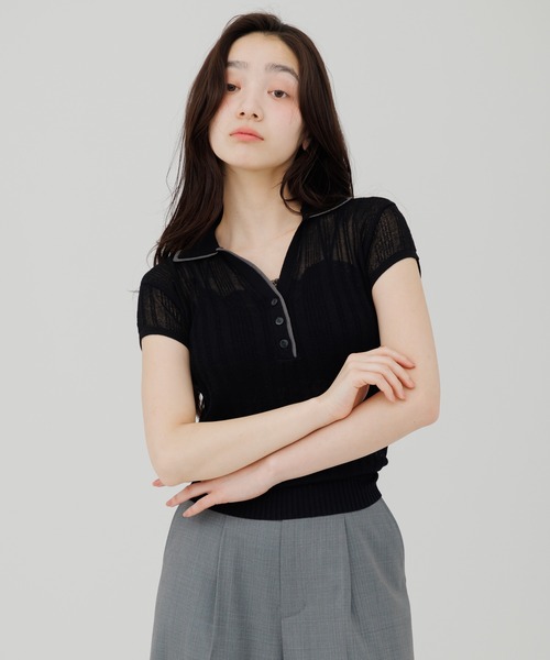 SENEE(セニー)の「double collar sheer polo knit(ダブルカラーシアーポロニット)(ニット/セーター・レディース・ブラック/アイボリー・FREE)」の20枚目の写真