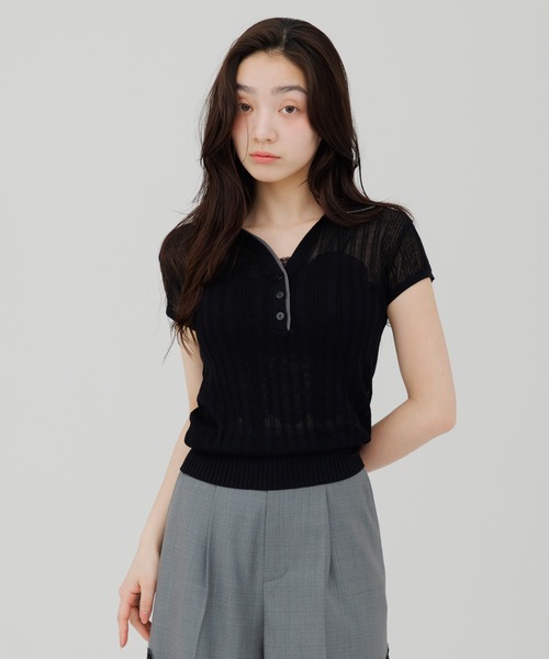 SENEE(セニー)の「double collar sheer polo knit(ダブルカラーシアーポロニット)(ニット/セーター・レディース・ブラック/アイボリー・FREE)」の21枚目の写真