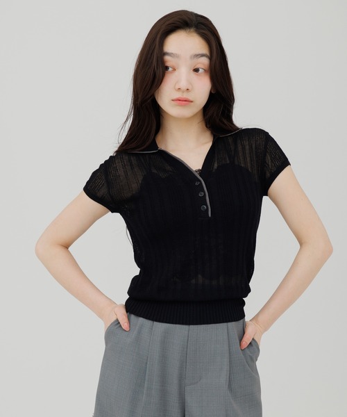 SENEE(セニー)の「double collar sheer polo knit(ダブルカラーシアーポロニット)(ニット/セーター・レディース・ブラック/アイボリー・FREE)」の3枚目の写真
