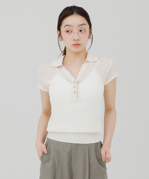 SENEE(セニー)の「double collar sheer polo knit(ダブルカラーシアーポロニット)(ニット/セーター・レディース・ブラック/アイボリー・FREE)」の6枚目の写真