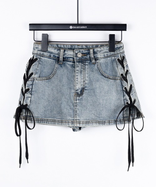 me+em select(ミームセレクト)の「【 インパン裏地付き 】レースアップマイクロデニムミニスカパン / Lace-up micro denim mini skirt pants(デニムスカート・レディース・ブラック/ブルー・SMALL/MEDIUM/LARGE)」の5枚目の写真