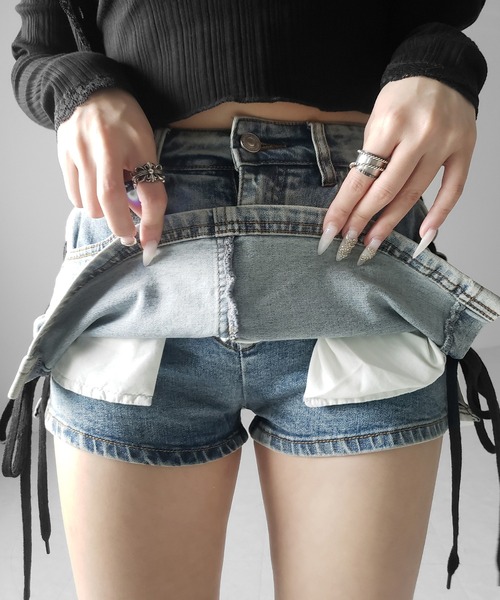 me+em select(ミームセレクト)の「【 インパン裏地付き 】レースアップマイクロデニムミニスカパン / Lace-up micro denim mini skirt pants(デニムスカート・レディース・ブラック/ブルー・SMALL/MEDIUM/LARGE)」の11枚目の写真
