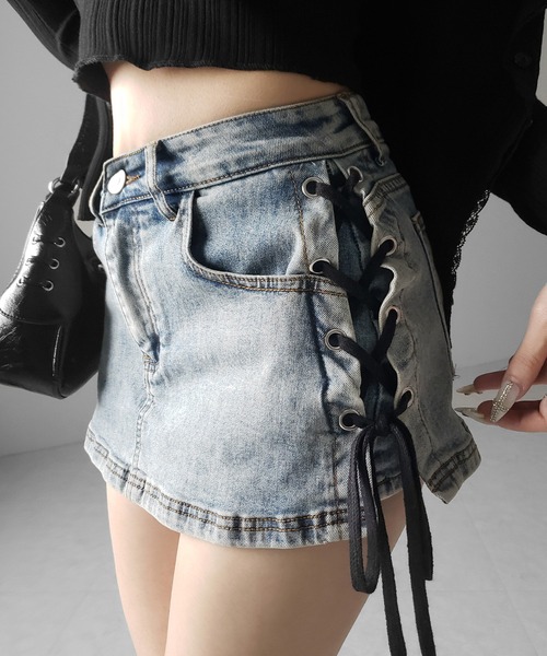 me+em select(ミームセレクト)の「【 インパン裏地付き 】レースアップマイクロデニムミニスカパン / Lace-up micro denim mini skirt pants(デニムスカート・レディース・ブラック/ブルー・SMALL/MEDIUM/LARGE)」の12枚目の写真
