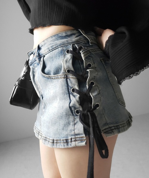 me+em select(ミームセレクト)の「【 インパン裏地付き 】レースアップマイクロデニムミニスカパン / Lace-up micro denim mini skirt pants(デニムスカート・レディース・ブラック/ブルー・SMALL/MEDIUM/LARGE)」の13枚目の写真