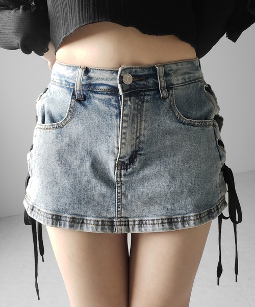 me+em select(ミームセレクト)の「【 インパン裏地付き 】レースアップマイクロデニムミニスカパン / Lace-up micro denim mini skirt pants(デニムスカート・レディース・ブラック/ブルー・SMALL/MEDIUM/LARGE)」の15枚目の写真