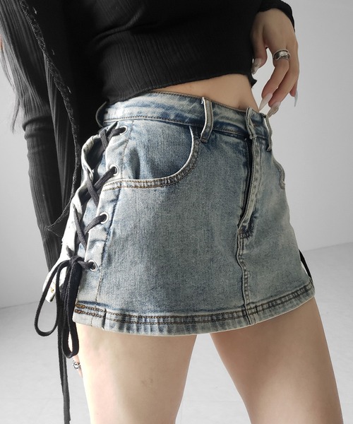 me+em select(ミームセレクト)の「【 インパン裏地付き 】レースアップマイクロデニムミニスカパン / Lace-up micro denim mini skirt pants(デニムスカート・レディース・ブラック/ブルー・SMALL/MEDIUM/LARGE)」の16枚目の写真
