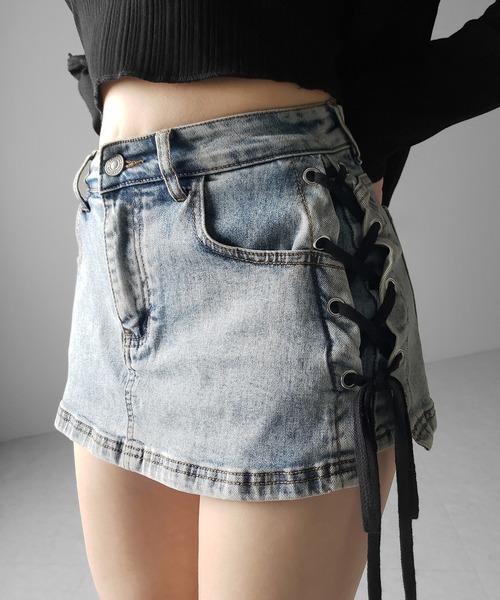 me+em select(ミームセレクト)の「【 インパン裏地付き 】レースアップマイクロデニムミニスカパン / Lace-up micro denim mini skirt pants(デニムスカート・レディース・ブラック/ブルー・SMALL/MEDIUM/LARGE)」の10枚目の写真