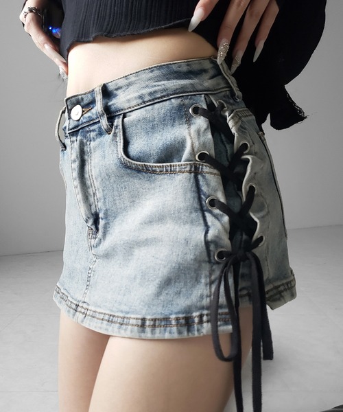me+em select(ミームセレクト)の「【 インパン裏地付き 】レースアップマイクロデニムミニスカパン / Lace-up micro denim mini skirt pants(デニムスカート・レディース・ブラック/ブルー・SMALL/MEDIUM/LARGE)」の20枚目の写真