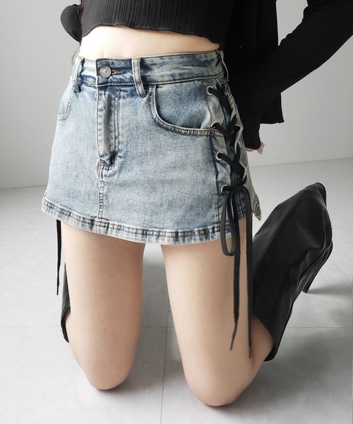 me+em select(ミームセレクト)の「【 インパン裏地付き 】レースアップマイクロデニムミニスカパン / Lace-up micro denim mini skirt pants(デニムスカート・レディース・ブラック/ブルー・SMALL/MEDIUM/LARGE)」の21枚目の写真