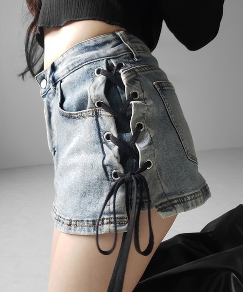 me+em select(ミームセレクト)の「【 インパン裏地付き 】レースアップマイクロデニムミニスカパン / Lace-up micro denim mini skirt pants(デニムスカート・レディース・ブラック/ブルー・SMALL/MEDIUM/LARGE)」の22枚目の写真