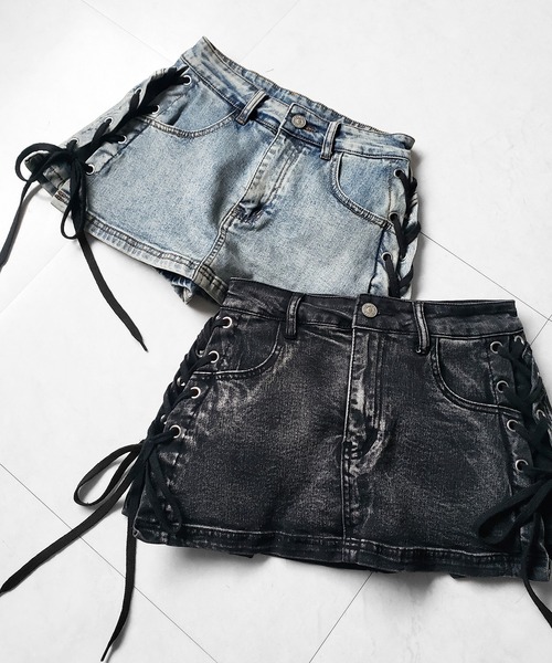 me+em select(ミームセレクト)の「【 インパン裏地付き 】レースアップマイクロデニムミニスカパン / Lace-up micro denim mini skirt pants(デニムスカート・レディース・ブラック/ブルー・SMALL/MEDIUM/LARGE)」の9枚目の写真