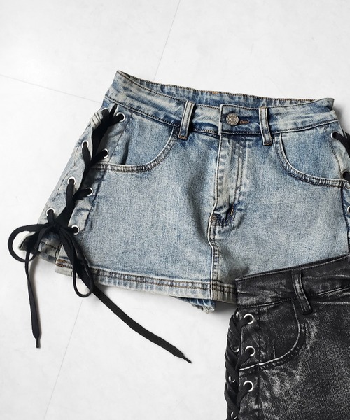 me+em select(ミームセレクト)の「【 インパン裏地付き 】レースアップマイクロデニムミニスカパン / Lace-up micro denim mini skirt pants(デニムスカート・レディース・ブラック/ブルー・SMALL/MEDIUM/LARGE)」の7枚目の写真