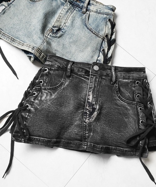 me+em select(ミームセレクト)の「【 インパン裏地付き 】レースアップマイクロデニムミニスカパン / Lace-up micro denim mini skirt pants(デニムスカート・レディース・ブラック/ブルー・SMALL/MEDIUM/LARGE)」の8枚目の写真