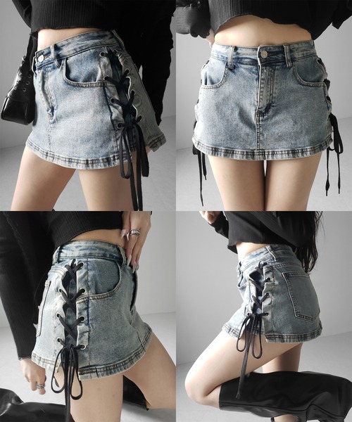 me+em select(ミームセレクト)の「【 インパン裏地付き 】レースアップマイクロデニムミニスカパン / Lace-up micro denim mini skirt pants(デニムスカート・レディース・ブラック/ブルー・SMALL/MEDIUM/LARGE)」の3枚目の写真