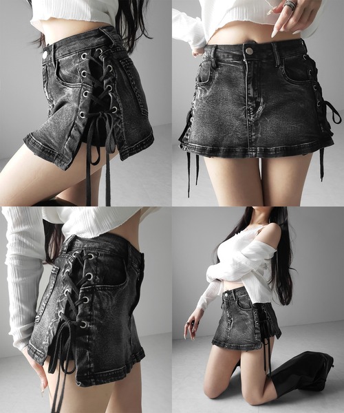 me+em select(ミームセレクト)の「【 インパン裏地付き 】レースアップマイクロデニムミニスカパン / Lace-up micro denim mini skirt pants(デニムスカート・レディース・ブラック/ブルー・SMALL/MEDIUM/LARGE)」の4枚目の写真
