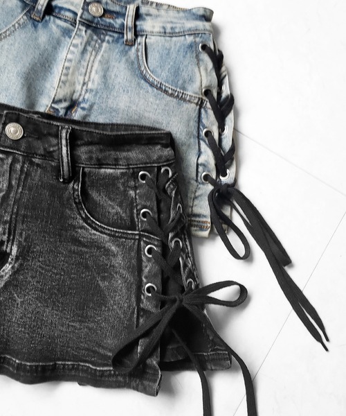 me+em select(ミームセレクト)の「【 インパン裏地付き 】レースアップマイクロデニムミニスカパン / Lace-up micro denim mini skirt pants(デニムスカート・レディース・ブラック/ブルー・SMALL/MEDIUM/LARGE)」の6枚目の写真