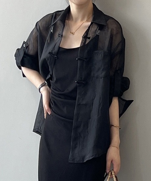 mielu（ミエル）の「チャイナボタンシアーシャツ（シャツ/ブラウス・レディース・ブラック/ブラウン/グレー/ホワイト・MEDIUM/LARGE/FREE）」の16枚目の写真