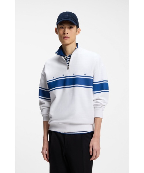 HUGO(ヒューゴ)の「ジップネック コットン スウェットシャツ プリントライン(スウェット・メンズ・ホワイト・XS/XL/L/XXL/M/S)」の1枚目の写真