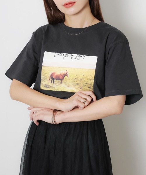 Riberry(リベリー)の「馬フォトプリント半袖Tシャツ(Tシャツ/カットソー・レディース・アイボリー/チャコールグレー/ベージュ・FREE)」の7枚目の写真