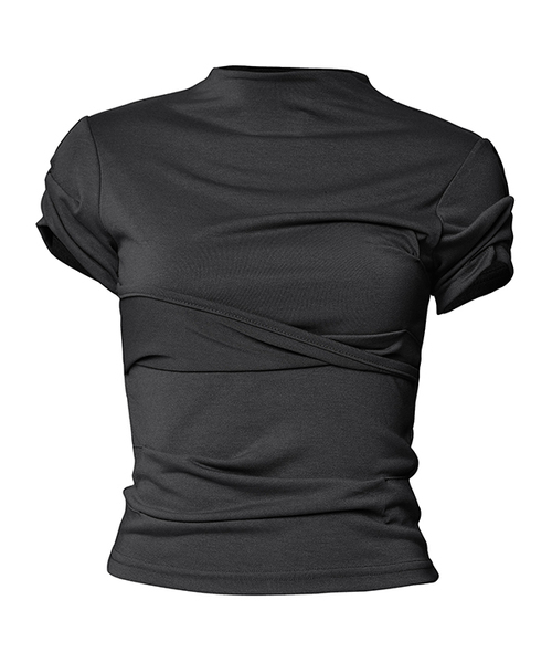 FLAREUP(フレアアップ)の「Asymmetrical Draped Mock Neck T-Shirt (FL-126_Black)(Tシャツ/カットソー・レディース・ブラック・OS)」の1枚目の写真