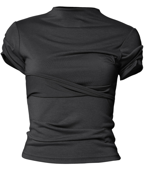 FLAREUP(フレアアップ)の「Asymmetrical Draped Mock Neck T-Shirt (FL-126_Black)(Tシャツ/カットソー・レディース・ブラック・OS)」の11枚目の写真