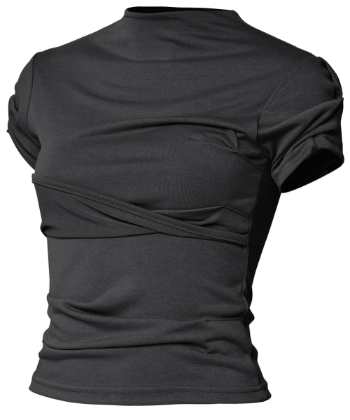 FLAREUP(フレアアップ)の「Asymmetrical Draped Mock Neck T-Shirt (FL-126_Black)(Tシャツ/カットソー・レディース・ブラック・OS)」の2枚目の写真