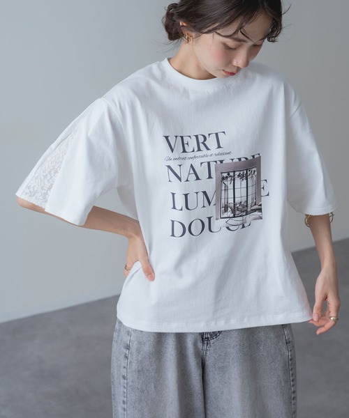 ANNA LUNA(アンナルナ)の「【ANNA LUNA】レース袖 で華やぐ 大人の ロゴTシャツ(Tシャツ/カットソー・レディース・オフホワイト/ブラック・MEDIUM)」の1枚目の写真
