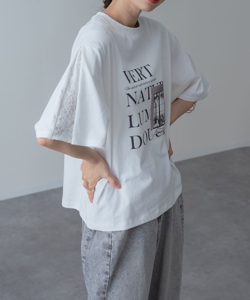 ANNA LUNA(アンナルナ)の「【ANNA LUNA】レース袖 で華やぐ 大人の ロゴTシャツ(Tシャツ/カットソー・レディース・オフホワイト/ブラック・MEDIUM)」の13枚目の写真