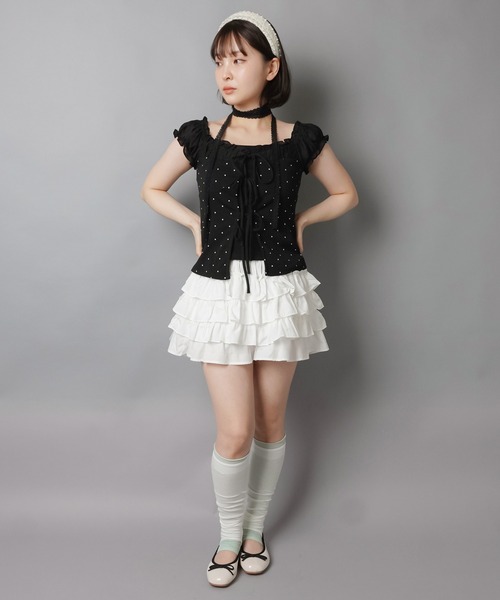 SPINNS(スピンズ)の「【セットアイテム】レースタイ付きパフスリーブ半袖ブラウス/ドットリボン(シャツ/ブラウス・レディース・オフホワイト/ブラック・ONESIZE)」の4枚目の写真