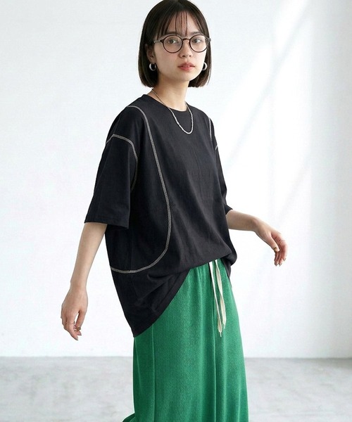 CRB(シーアールビー)の「ステッチ配色ビッグTシャツ(Tシャツ/カットソー・レディース・オートミール/ブラウン/ブラック・F)」の8枚目の写真