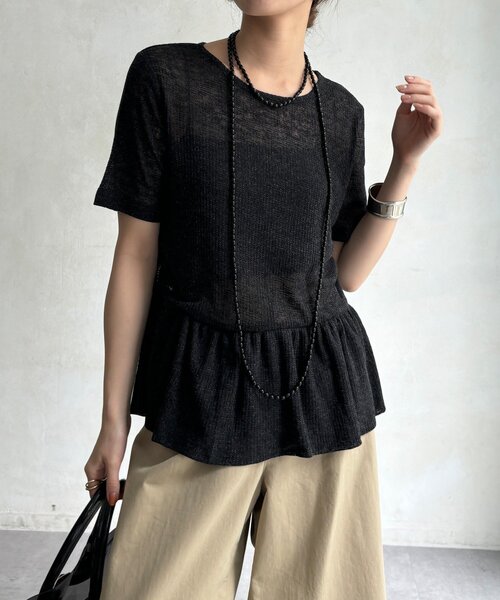 DouDou(ドゥドゥ)の「【WEB限定】リネン混シアーワッフル裾バルーンプルオーバー(Tシャツ/カットソー・レディース・グレイッシュベージュ/ブラック/チャコールグレー・FREE)」の9枚目の写真