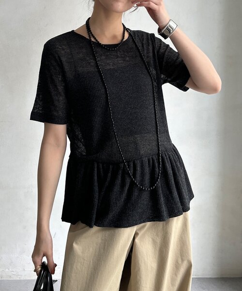 DouDou(ドゥドゥ)の「【WEB限定】リネン混シアーワッフル裾バルーンプルオーバー(Tシャツ/カットソー・レディース・グレイッシュベージュ/ブラック/チャコールグレー・FREE)」の10枚目の写真