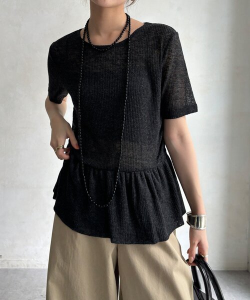 DouDou(ドゥドゥ)の「【WEB限定】リネン混シアーワッフル裾バルーンプルオーバー(Tシャツ/カットソー・レディース・グレイッシュベージュ/ブラック/チャコールグレー・FREE)」の11枚目の写真