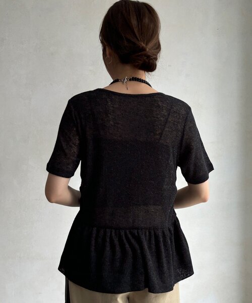 DouDou(ドゥドゥ)の「【WEB限定】リネン混シアーワッフル裾バルーンプルオーバー(Tシャツ/カットソー・レディース・グレイッシュベージュ/ブラック/チャコールグレー・FREE)」の12枚目の写真