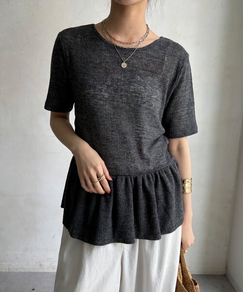 DouDou(ドゥドゥ)の「【WEB限定】リネン混シアーワッフル裾バルーンプルオーバー(Tシャツ/カットソー・レディース・グレイッシュベージュ/ブラック/チャコールグレー・FREE)」の18枚目の写真