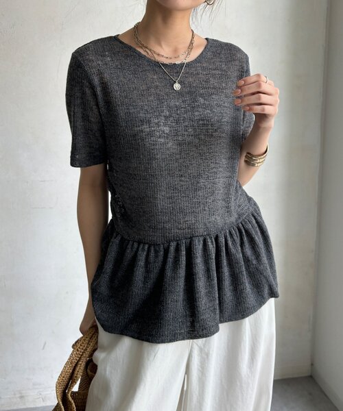DouDou(ドゥドゥ)の「【WEB限定】リネン混シアーワッフル裾バルーンプルオーバー(Tシャツ/カットソー・レディース・グレイッシュベージュ/ブラック/チャコールグレー・FREE)」の19枚目の写真