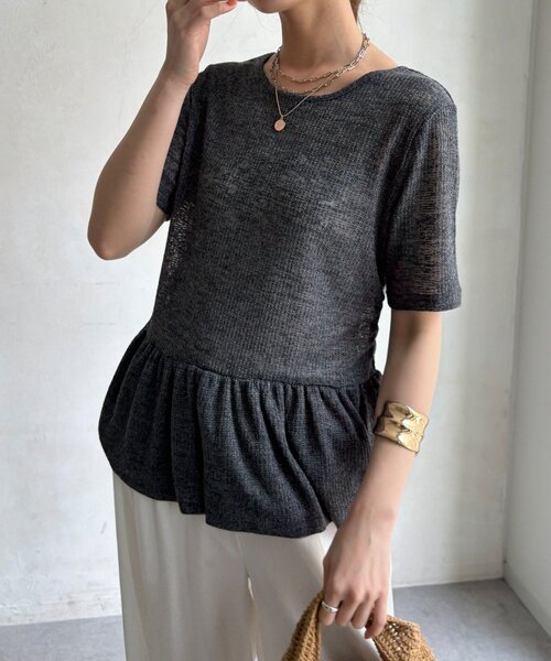 DouDou(ドゥドゥ)の「【WEB限定】リネン混シアーワッフル裾バルーンプルオーバー(Tシャツ/カットソー・レディース・グレイッシュベージュ/ブラック/チャコールグレー・FREE)」の20枚目の写真