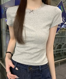 レース切替 リボン付き 半袖Tシャツ