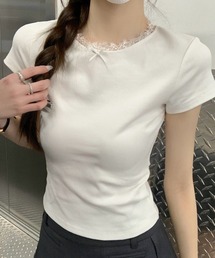 レース切替 リボン付き 半袖Tシャツ